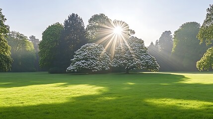 Wall Mural - Serene Park Landscape with Sunbeams Streaming Through Blossoming Trees in Verdant Field Sunlight