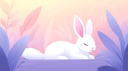 Canvas Print - Serene Rabbit Resting in Dreamy Pastel Meadow Illustration Whimsical Animated Image Style Artwork