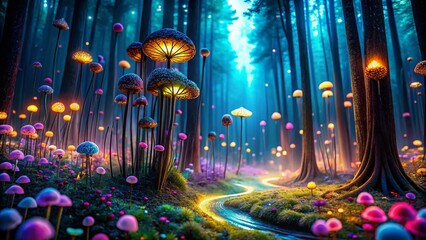 Wall Mural - Magical Forest Night: Long Exposure Fantastic Plants, Glowing Flora, Enchanted Garden