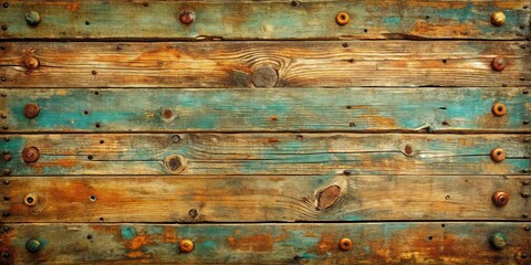 Poster - Rustic Weathered Wood Planks with Faded Turquoise Paint and Rusty Hardware