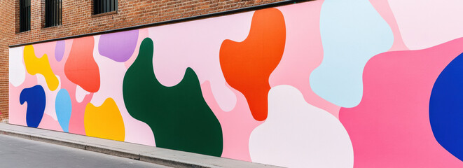 Aufkleber - Colorful abstract mural on brick wall, featuring vibrant organic shapes in pink, orange, green, blue, and white. Pride month activity concept