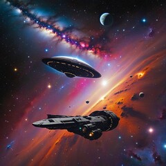 Wall Mural - Journey through a Cosmic Wonderland: A Spaceship Navigating Vibrant Nebulae and Celestial Bodies