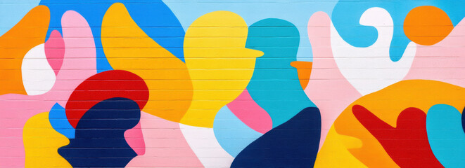 Leinwandbilder - Colorful abstract mural with vibrant shapes and silhouettes on brick wall, evoking joy and creativity. Pride month activity concept
