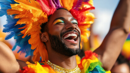 joyful man wearing vibrant rainbow feather headdress and colorful outfit celebrates pride with radiant smile. Pride month activity concept