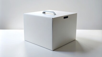 Aufkleber - A simple white box with a handle and a cutout on the side, sitting on a white surface.