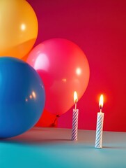 Poster - Birthday celebration with colorful balloons and glowing candles on a festive table during a vibrant gathering. Generative AI