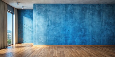 Wall Mural - Empty Room with Blue Concrete Wall and Wooden Floor