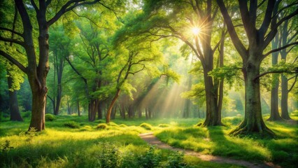 Aufkleber - Sunlight Streams Through Dense Forest Canopy, Illuminating a Path Through Lush Green Foliage and a Field of Vibrant Green Grass