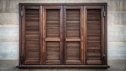 Fototapete - a set of four brown wooden shutters with horizontal louvers, framed in dark wood and mounted on a wa