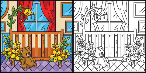 Wall Mural - Baby Shower Baby Crib Coloring Page Illustration