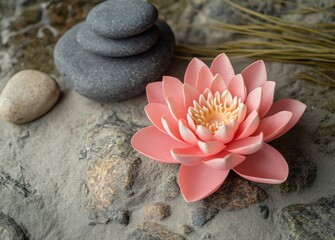 Pink lotus, stones, sand, zen garden, tranquility