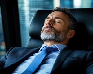 Capture the essence of Relaxed businessman resting on a couch in a modern office, a powerful image symbolizing the pursuit of work-life balance and ambitious career goals Explore the serene moment of