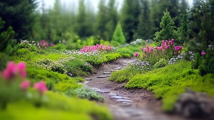 Canvas Print - Stone Path Through Vibrant Flower Garden Landscape with Lush Greenery and Mist in the Background