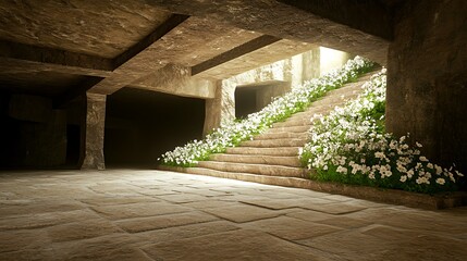 Canvas Print - Stone Stairway Adorned With White Flowers in an Ancient Architectural Setting with Sunlight