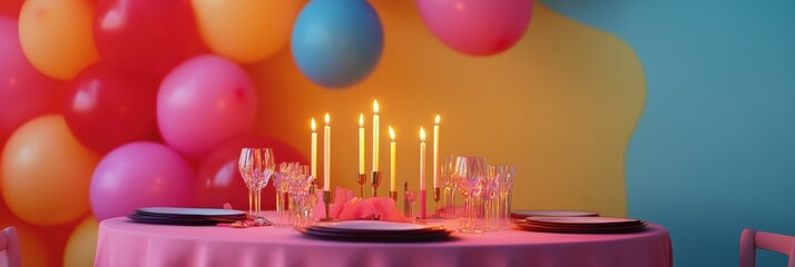 Aufkleber - Brightly decorated birthday table with colorful balloons and glowing candles for a joyful celebration setting. Generative AI