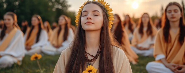 Experience the serene harmony of nature and spirituality with this captivating image A vibrant Sunflower in sharp focus, with a group of people celebrating a spiritual gathering in the background