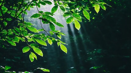 Wall Mural - Sunlit Canopy Lush Green Leaves Through Forest Trees Sunlight Shining Scenic Bright Rays Nature View