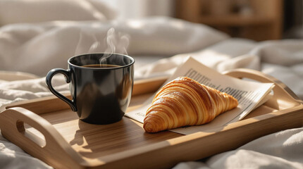 Wall Mural - A cozy bedroom setting, featuring a wooden tray holding a cup of coffee and a croissant, a newspaper, and a bed with white sheets. The background is slightly blurred, emphasizing the warm tones of the