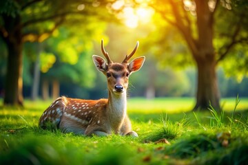 Canvas Print - Miniature Deer Resting in Park, Tilt-Shift Photo, Wildlife, Nature