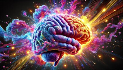 Wall Mural - A vibrant 3D image of a human brain erupting with colorful, swirling clouds and energy bursts