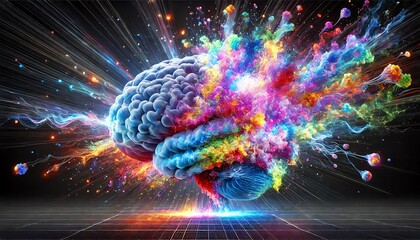 Wall Mural - A vibrant 3D image of a human brain erupting with colorful, swirling clouds and energy bursts