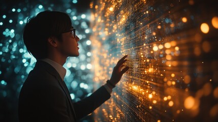 Man interacts with digital wall, futuristic bokeh background, technology concept