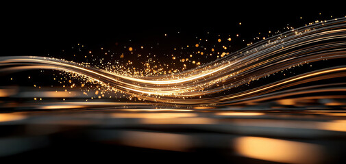 Fototapete - Dynamic golden waves with sparkling particles create mesmerizing visual effect, representing energy and movement in digital space