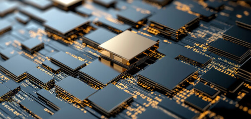 Fototapete - High tech circuit board with intricate patterns and golden chip. This showcases seamless data exchange application with complex code structure, emphasizing modern technology