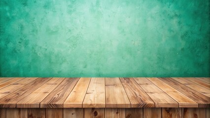 Poster - Rustic Wooden Tabletop Against a Textured Teal Wall, Ideal for Displaying Products, Featuring a Natural and Earthy Aesthetic