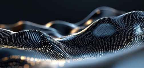 Leinwandbilder - Digital landscape with flowing waves of light and dots creating depth and movement. This abstract representation evokes sense of fluidity and modern technology