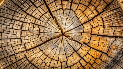 Aufkleber - The intricate patterns of a tree trunk's cross section, showcasing the concentric rings and radial cracks that tell a story of time and growth