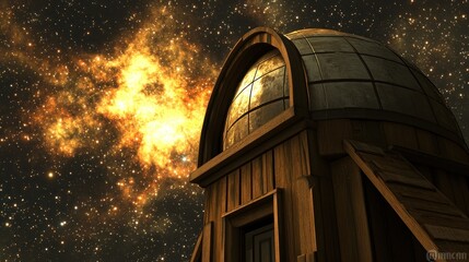 Wall Mural - Wooden observatory, nebula backdrop, nighttime astronomy, stargazing