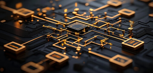 Poster - close up view of circuit board with intricate patterns and glowing elements, showcasing technology and innovation. design features dark background with golden highlights
