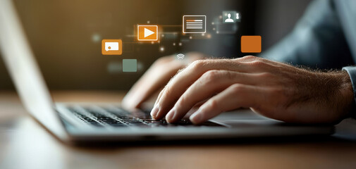 Fototapete - Close up of developer hands typing code on laptop, with digital icons representing technology and communication floating above. scene conveys focus and innovation