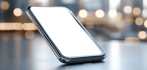 Aufkleber - modern smartphone with blank screen, reflecting light in blurred background. sleek design and shiny surface create contemporary feel