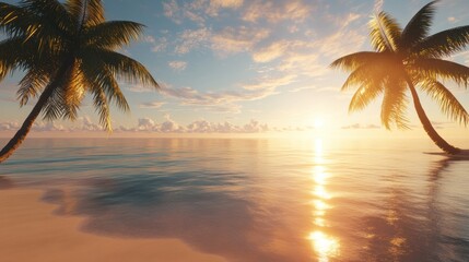 Aufkleber - Beautiful sunset over calm ocean waters framed by palm trees on a tropical beach. Generative AI