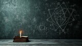 Cryptic occult research chamber with pentagrams drawn in chalk, ancient books left open, and a single candle burning low