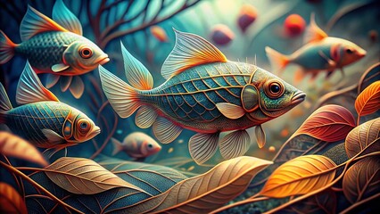 Wall Mural - Minimalist Fish Leaf Line Art: Tilt-Shift Background Illustration