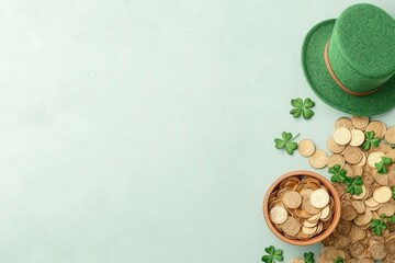 Poster - St Patrick s Day celebration with green hat, gold coins, and clover leaves creating a festive atmosphere for holiday themed designs