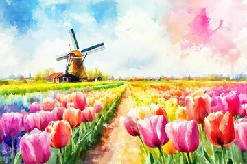Poster - Colorful watercolor illustration capturing tulip fields with windmill in spring vibrancy and clean space for text. Generative AI