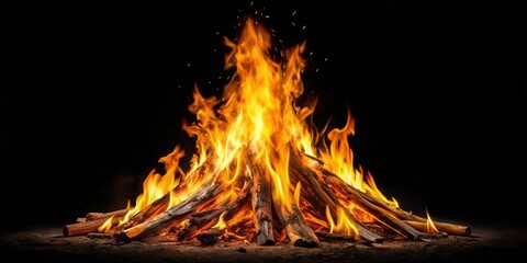 Poster - A roaring bonfire with vibrant flames dancing over a bed of glowing embers, creating a captivating display of warmth and light against the backdrop of a dark night
