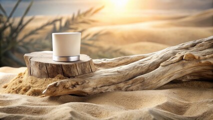 Aufkleber - A white container rests on a wooden stump nestled in the soft sand, with a weathered log and the warm glow of the setting sun creating a serene backdrop.