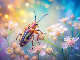 Wall Mural - Minimalist Insect Illustration on Repeating Floral Pattern Background with Bokeh Effect - Stock Photo