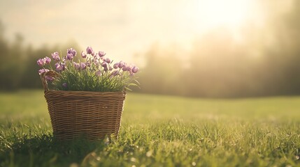 Wall Mural - Tulips in Wicker Basket Standing in Sunlight Bathed Meadow during Peaceful Morning Hour