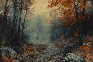 Wall Mural - Autumn trail shrouded in mist with vibrant foliage and rocky terrain near a quiet forest