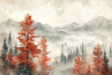 Wall Mural - Colors of autumn in a misty mountain landscape with vibrant red trees