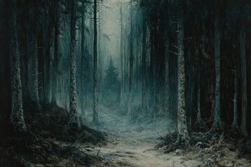 Poster - Dark forest pathway leading to a mysterious clearing shrouded in fog during twilight hours in autumn