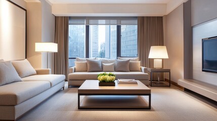 Poster - Modern minimalist living room with city view