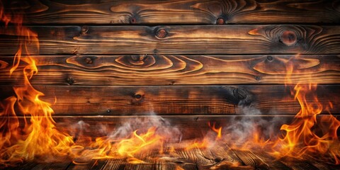 Poster - Fiery wooden backdrop with burning flames and smoke, perfect for dramatic design elements and rustic textures