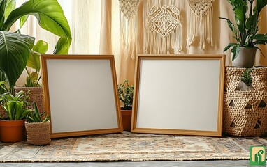 Wall Mural - Empty frames mockup, bohemian home decor, plants, sunlight